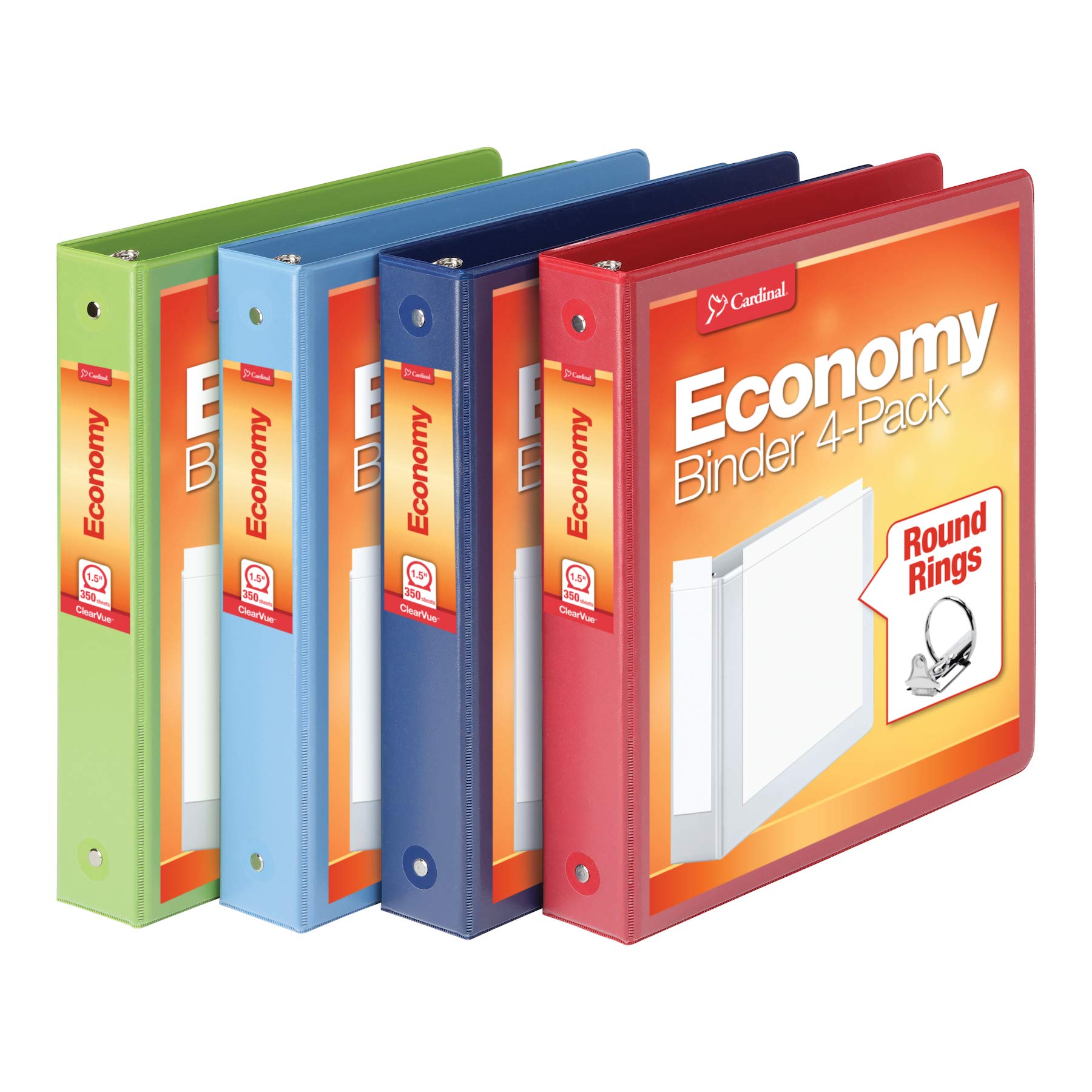 Photo 1 of Cardinal 3 Ring Binders, Round Rings, Holds 350 Sheets, ClearVue Presentation View, Non-Stick, Assorted Colors 1.5 Inch (Pack of 4)