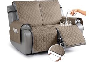 TAOCOCO Waterproof Loveseat Recliner Cover 1-Piece loveseat Covers for Reclining Loveseat with Leg Straps Pocket, Washable Recliner Loveseat Covers Couch Protector for Dogs Kids(2 Seater, Khaki)