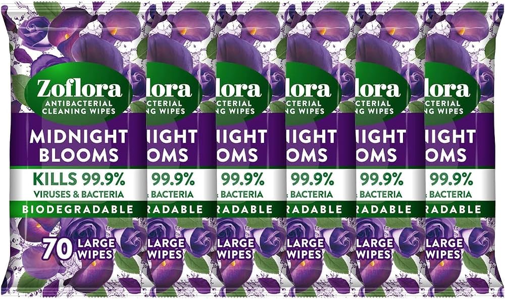 Zoflora Midnight Blooms Biodegradable Wipes 6 x 70 Multi-Surface Disinfectant