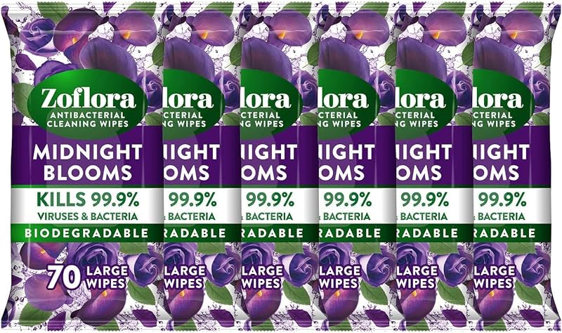 Zoflora Midnight Blooms Biodegradable Wipes 6 x 70 Multi-Surface Disinfectant