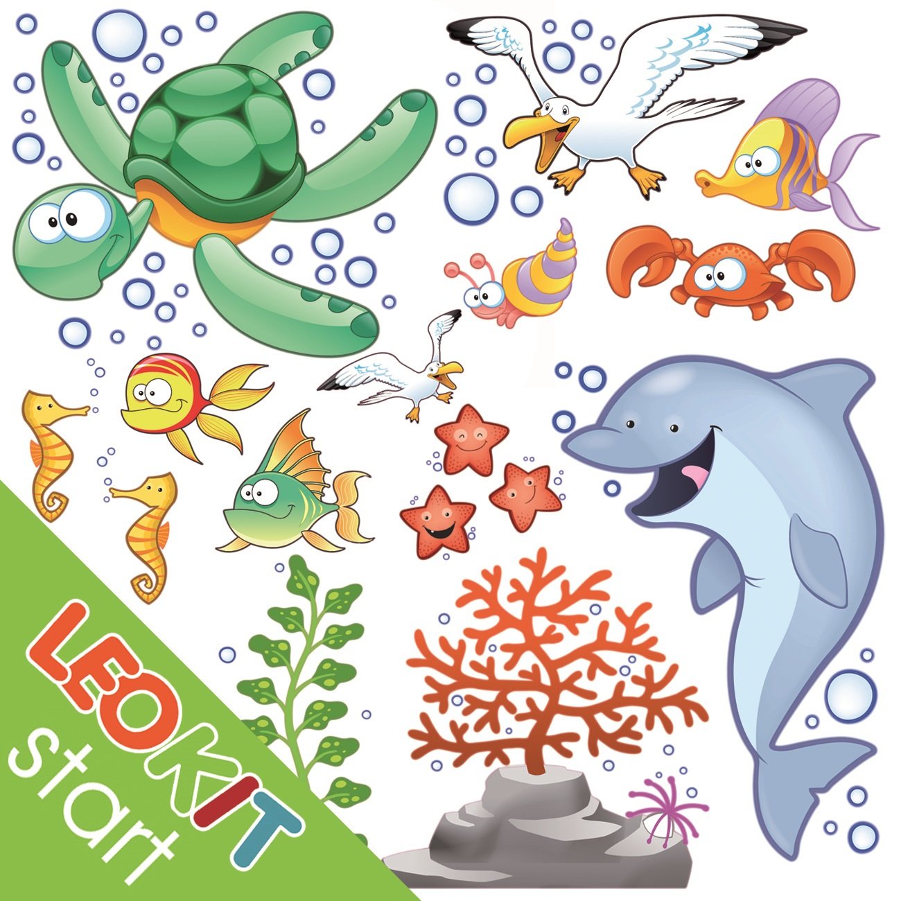 Set di 18 adesivi murali per camerette a tema mare pesci pesciolini tartarughe delfini granchi stelle marine Trasforma la cameretta dei tuoi