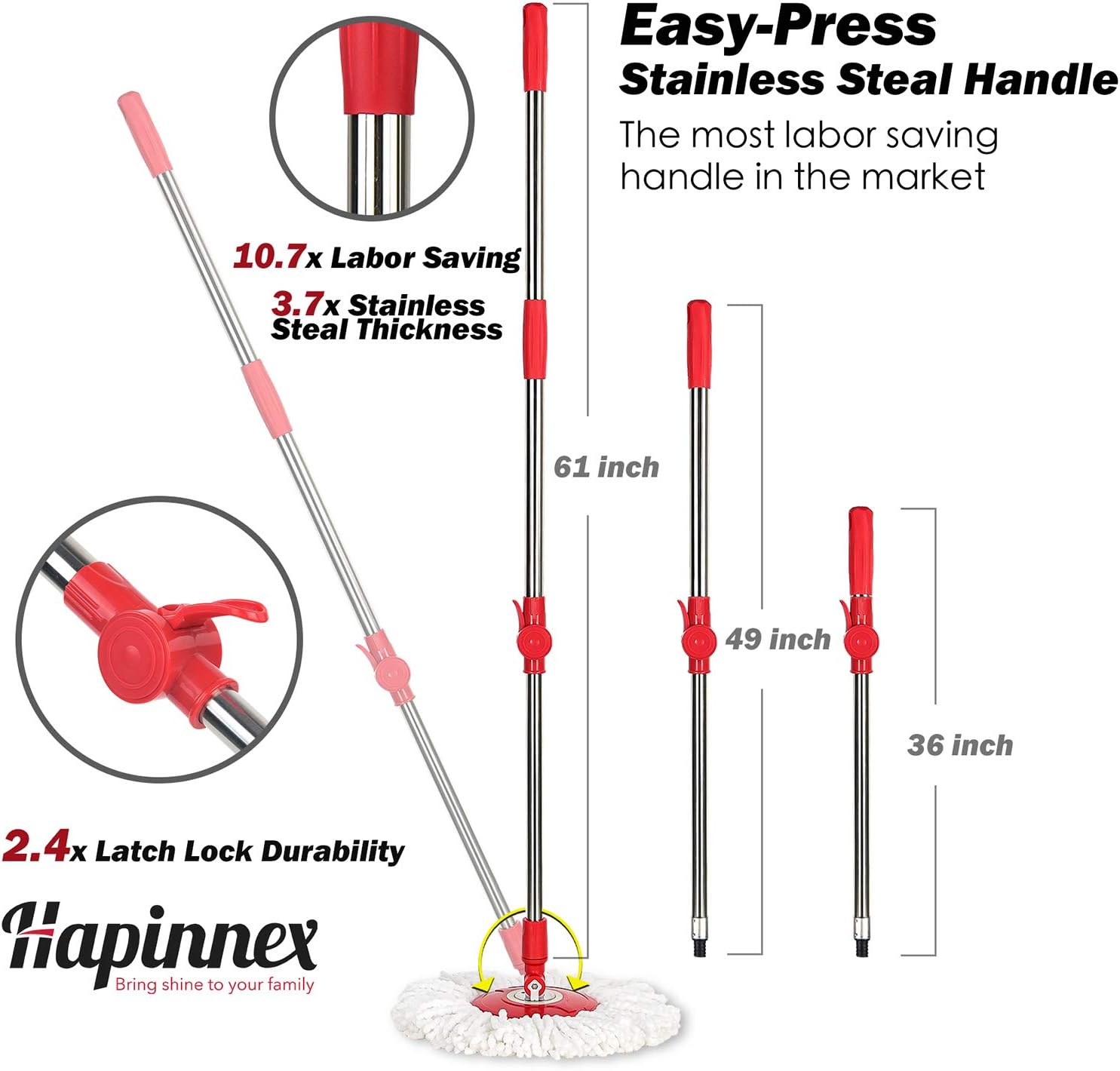 HAPINNEX Spin Mop Wringer Bucket Set - for Home Kitchen Floor Cleaning - Wet/Dry Usage on Hardwood & Tile - Upgraded Self-Balanced Easy Press System with 2 Washable Microfiber Mops Heads: Home & Kitchen