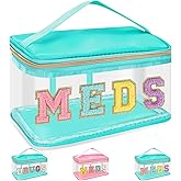 Chenille Letter Bag Clear MEDS Makeup Pouch, Preppy Small Medicine Bag Travel Drugs Pills Zipper Pouch with Handle, Nylon Waterproof Portable Meds Bag Toiletry Organizer for Patient Nurse(MEDS-Green)