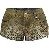 WDIRARA Women's Leopard Denim Mini Shorts Low Rise Chain Y2k Jean Shorts