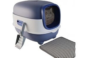 JIA XI Large Cat Litter Box with Cat Litter Scoop, Foldable Litter Box with Lid, Front Entry and Exit Leak-Proof Litter Cat Box, Odor Control, Easy to Clean (Blue)