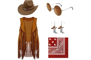 HyperFun Cowgirl Outfits for Women Western Costume Accessories Cowboy Hat Tassels Fringe Vest Earring Hippie Glasses Bandana