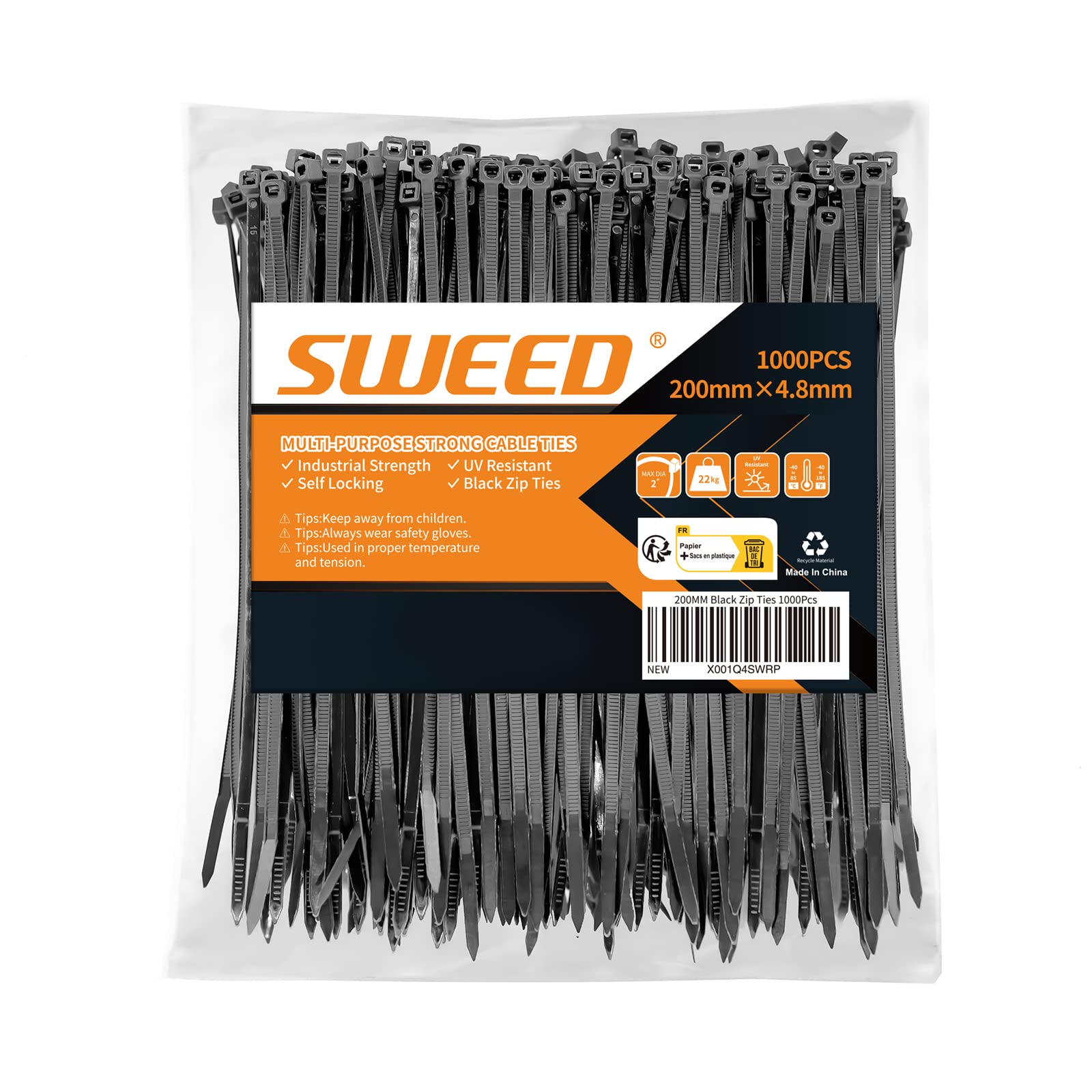 SWEED 1000pcs Black Cable Ties,UV Resistant with 200mm, Self-Locking Premium Zip Ties，22kg Tensile Strength, Industrial 4.8mm Wide Black Wire Ties for Domestic, Garage, Garden