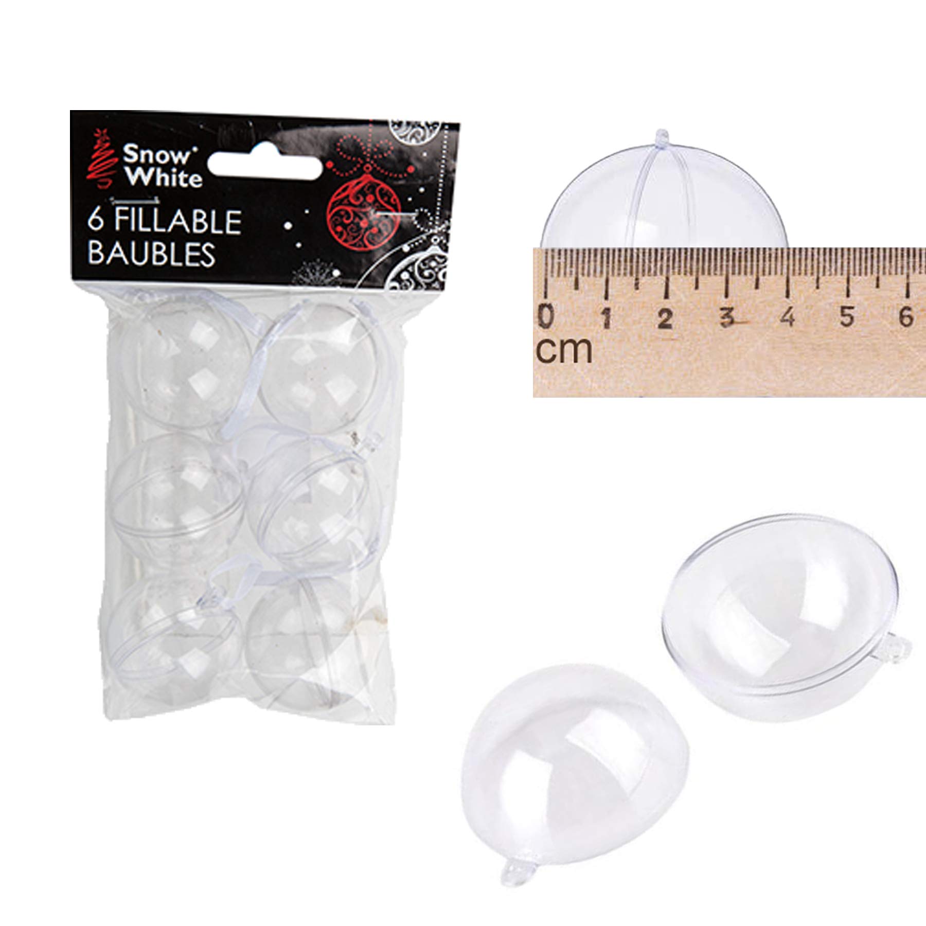 Snow White 513339 Plastic Filler Baubles | Clear | 4cm | Pack of 6 Accessory