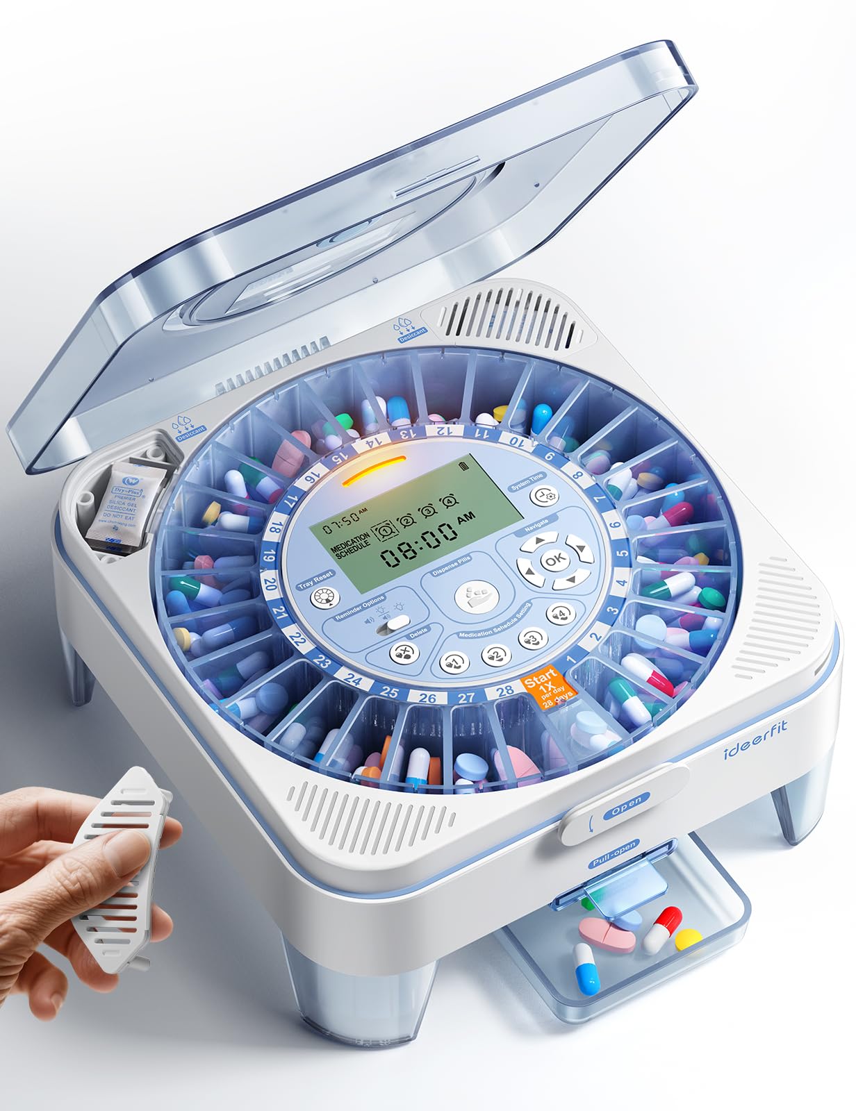 Photo 1 of 28-Day Automatic Pill Dispenser – One-Press Daily Dispense, Easy-to-Use Slide-Door Cup, Sound & Light Alerts, Moisture-Proof Dual Desiccants, Large Compartments for Tablets & Capsules