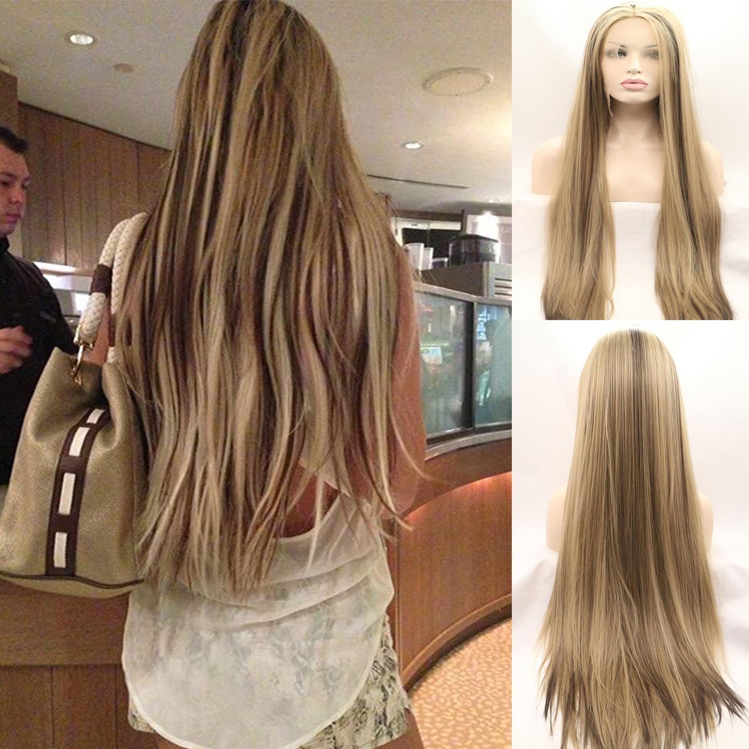 Xiweiya Long Straight Ombre Blonde Brown Wigs Long Hair Wig Light Brown Mixed Blonde Synthetic 13x3 Lace Front Wigs Middle Part Heat Resistant Wig For Women Halloween Cosplay Drag Queen 26inch