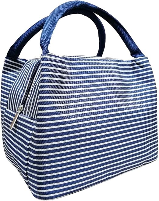 blue and white striped lunch bag