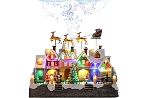 Vipush Christmas Village House Decorations Resin Reindeer Pulled Santa Claus Above The Village. Home Decor Indoor Building Figurines Revolving Train with LED Light and 8 Christmas Music for Kids