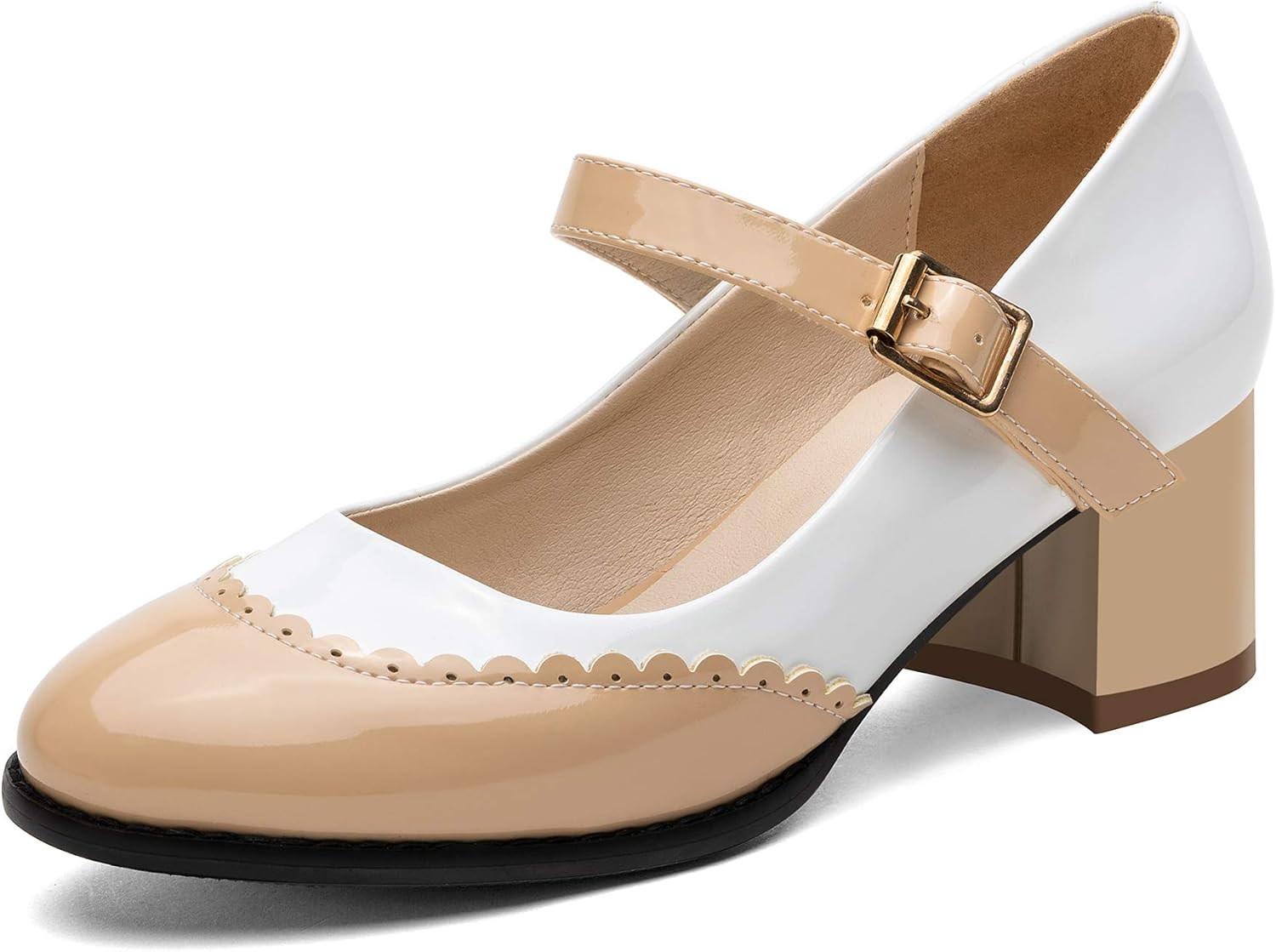 100FIXEO Women's Vintage Patent Leather Mary Janes Shoes Buckle Strap Round Toe Block Mid Heel