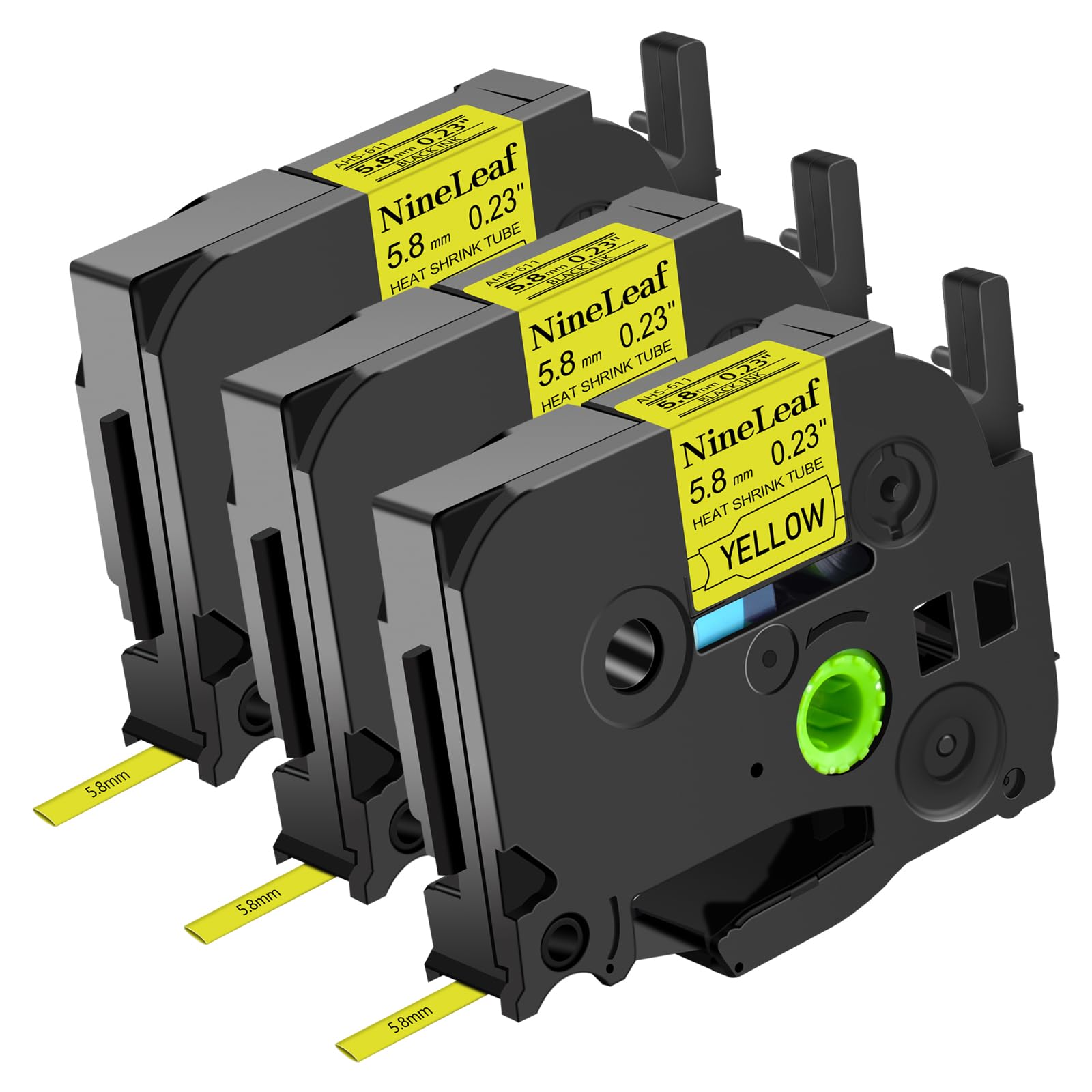NineLeaf 3 x Compatible for Brother Heat Shrink Tube Label Tape 5.8mm HSe-611 HSe611 HS611 HS-611 HSE Black on Yellow for P-Touch PT-E300 E500 E550W E800W P900 H500 P950NW 7600 Label Maker