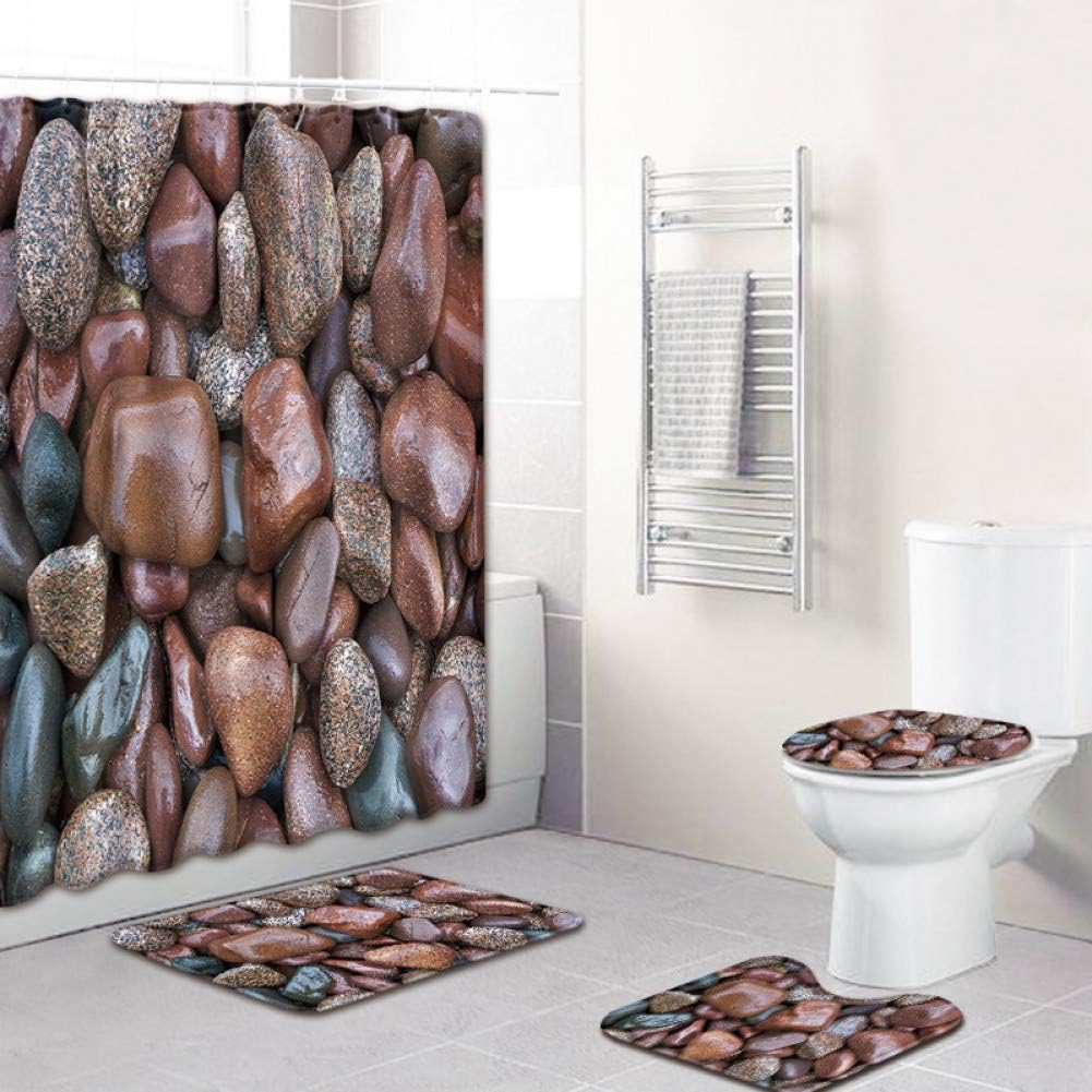 WWZEMLK Three-piece toilet Stone Pattern 4 Piece Shower Curtain for Bathroom Carpet 3D Bath Mat Set Anti Slip Toilet Rug Set Fleece Seat Cvoer Blanket