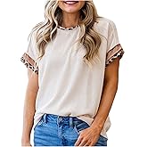 RoseSeek Women's Leopard Short Sleeve T Shirts Crew Neck Ribbed Knit Casual Tee Tops