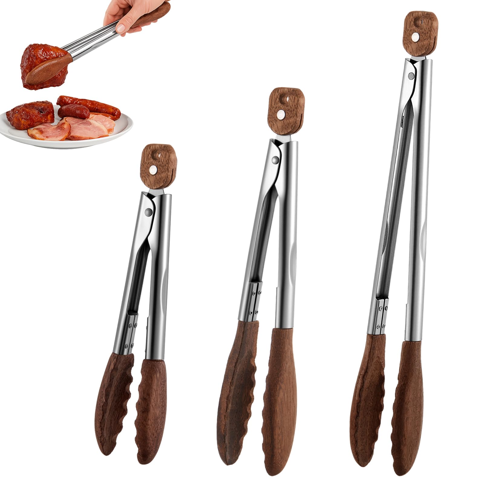Photo 1 of Honeydak 3 Pcs Wooden Tongs for Cooking 7" 9" 12" Wood Tip Serving Tongs with Locking for BBQ Salad Cooking and Grilling, Includes Anti-slip Handle with Hanging Hole