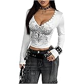 WDIRARA Women's Gothic Punk Graphic T Shirts V Neck Long Sleeve Streetwear Crop Tops