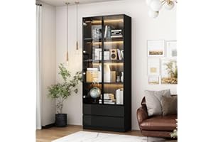 FAMAPY Display Cabinet with 2 Glass Doors and Lights, Display Case Cabinet with 4-Tier Storage Shelves and 2 Drawers, Pop-up Design, for Collectibles, Black (31.5”W x 14.2”D x 78.7”H)