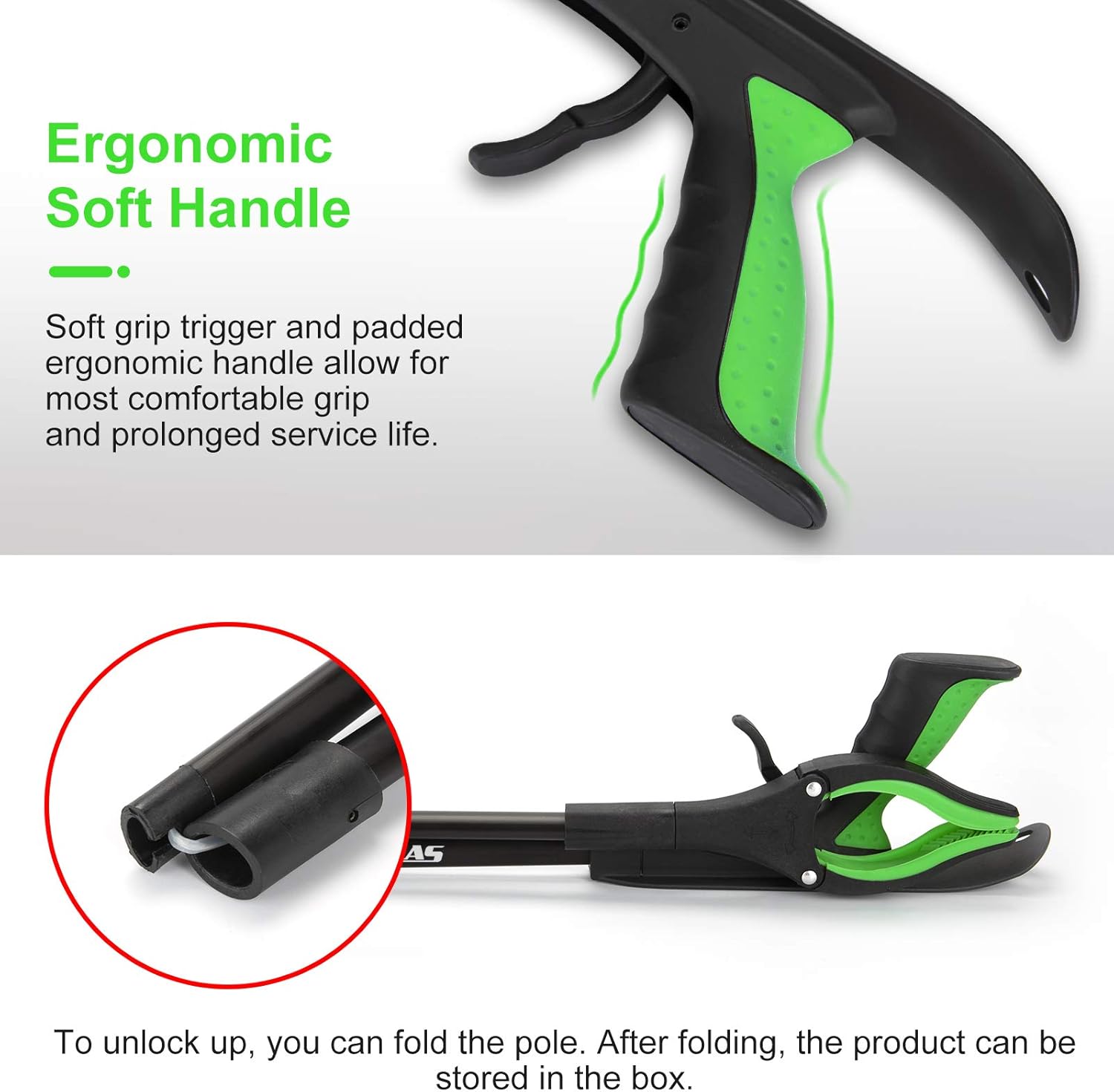 Jellas Reacher Grabber Tool, 90° Rotating Head, 32" Foldable Claw Grabber with Shoehorn, Reaching Assist Tool for Trash Pick Up, Litter Picker, Arm Extension (Green): Health & Personal Care