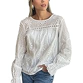 Falechay Womens Tops Long Sleeve Shirts For Women Crochet Cute Blouses Dressy Casual Trendy Ruffle Crewneck Fashion Fall 2024