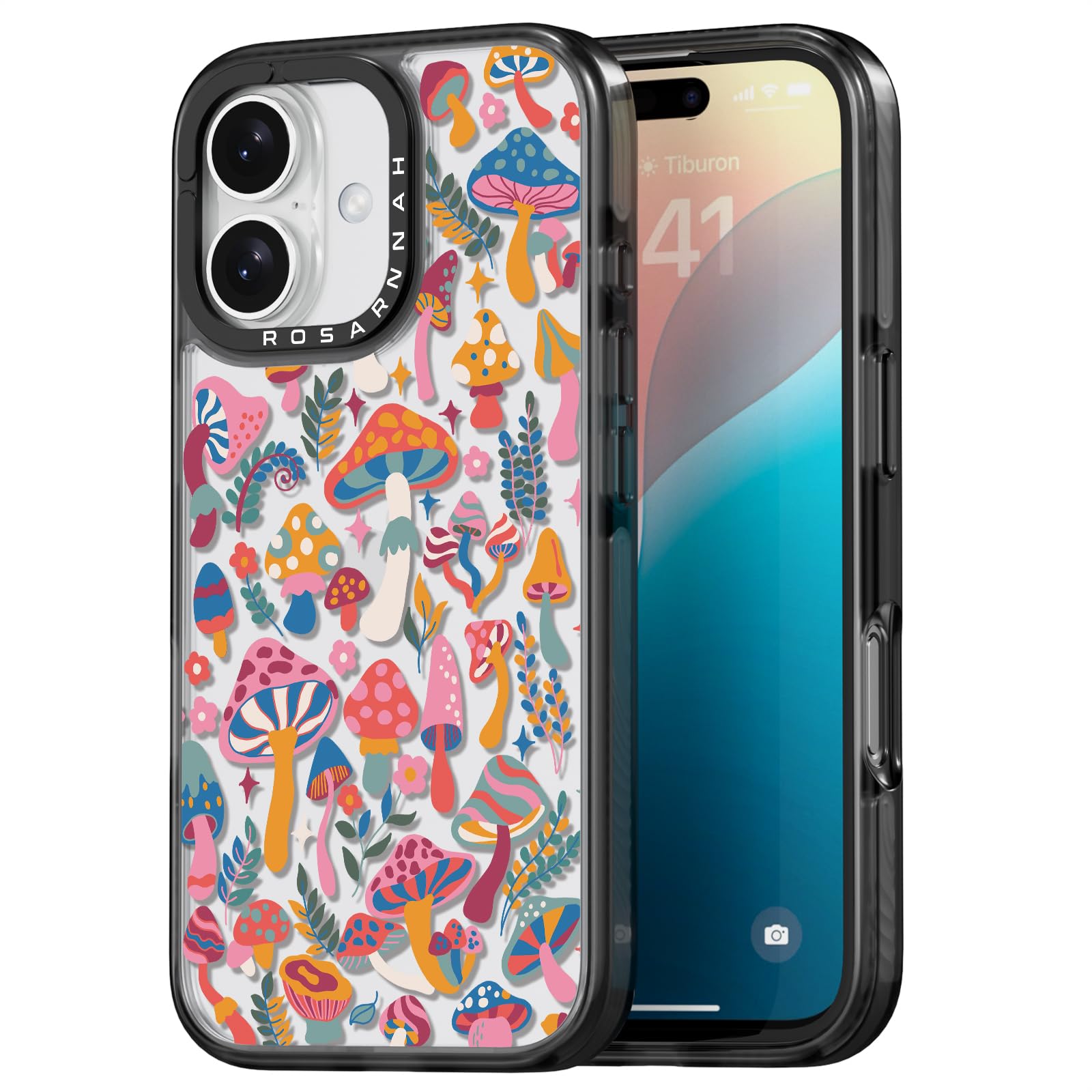 Photo 1 of Rosarnnah Compatible for iPhone 16 Case Cute - Durable Shockproof 6.6 ft Drop Impact Phone Case - Black Funny Mushroom Jungle Design for iPhone 16 6.1"