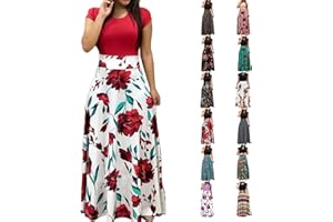HIUARA 2023 Women Short Sleeves Dresses with Pockets Long Sun Dresses Summer Boho Casual Crewneck Beach Maxi Long Dress