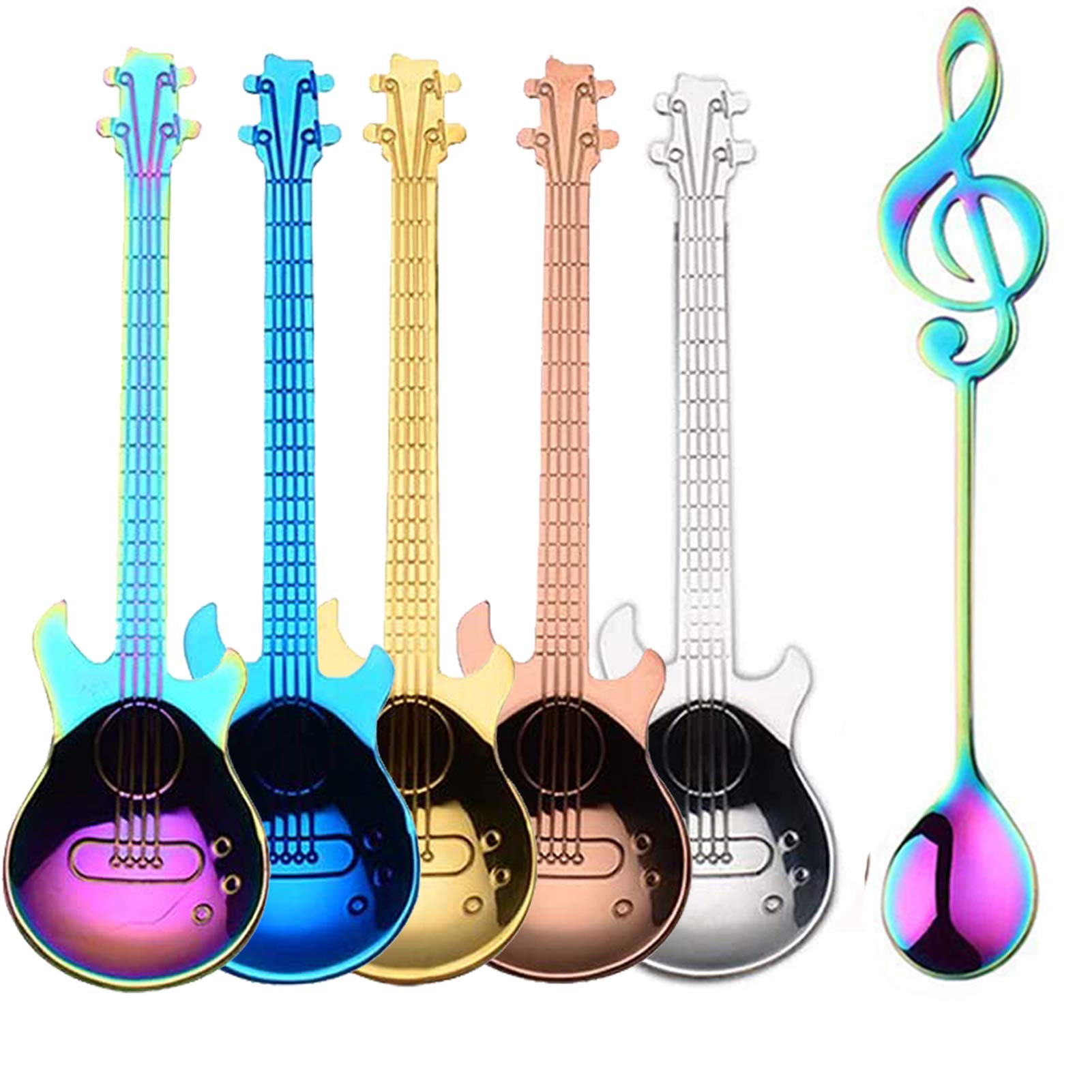 Guitar Spoons Coffee Music Note Teaspoon, ESRISE Musical Coffee Gifts for Men Christmas Birthday Gifts, Stainless Steel Cute Tea Spoons (Multi-6 Music)