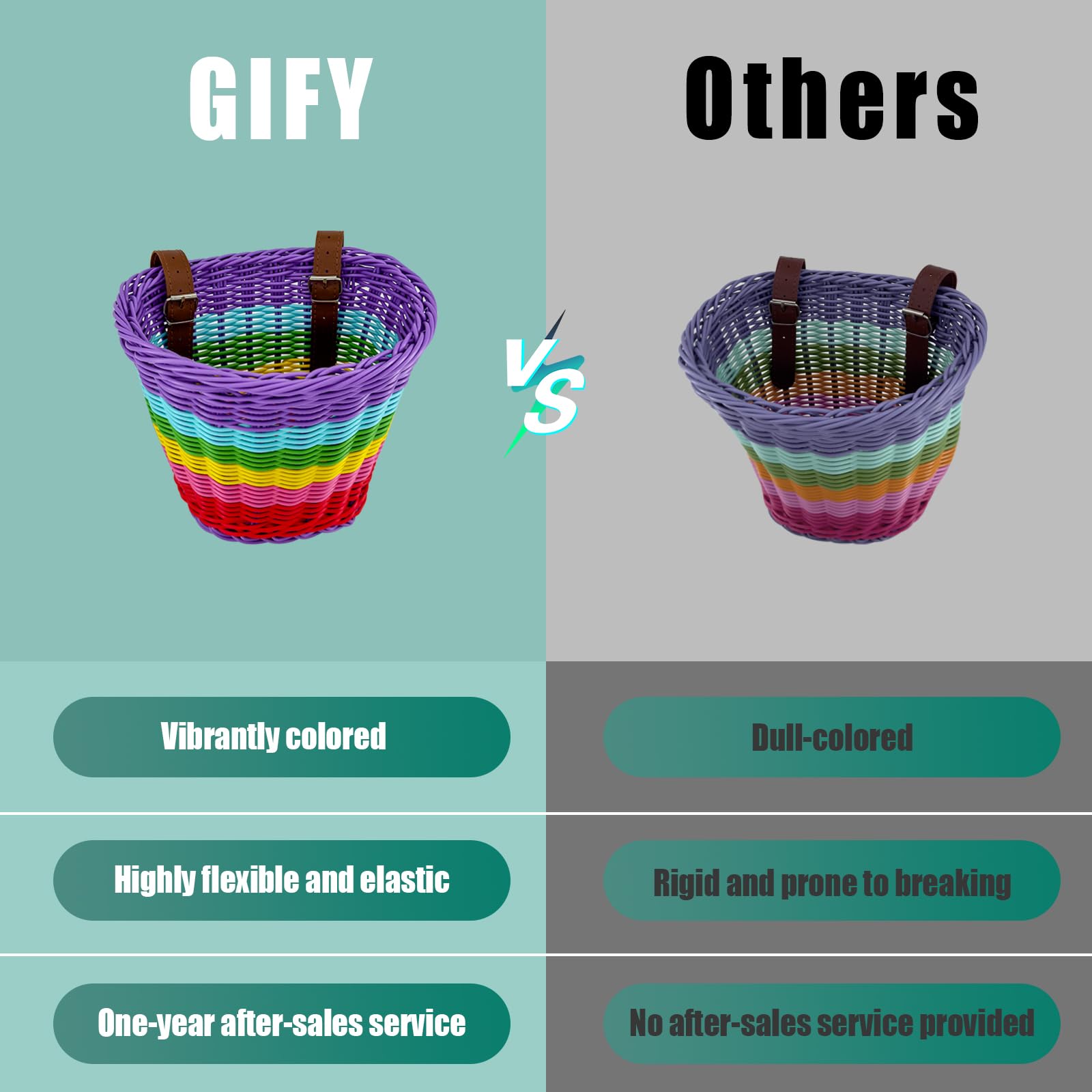 Gify Kids Bike Basket Front, Handwoven Wicker Rainbow Bicycle Basket for Girls, Colorful Large-Capacity Toddler Bike Accessory with 2 Adjustable Leather Straps for Scooters and Tricycles - Purple