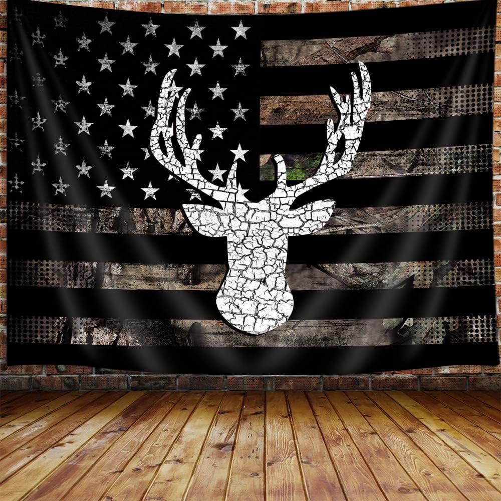 Tapestries - VEIGIKE American Flag Hunting Tapestry, Western Black and White Country Deer Tapestry Wall Hanging for Men Bedroom Room, Rustic Camo Tapestries Poster Blanket College Dorm Home Decor 60X40 Inches