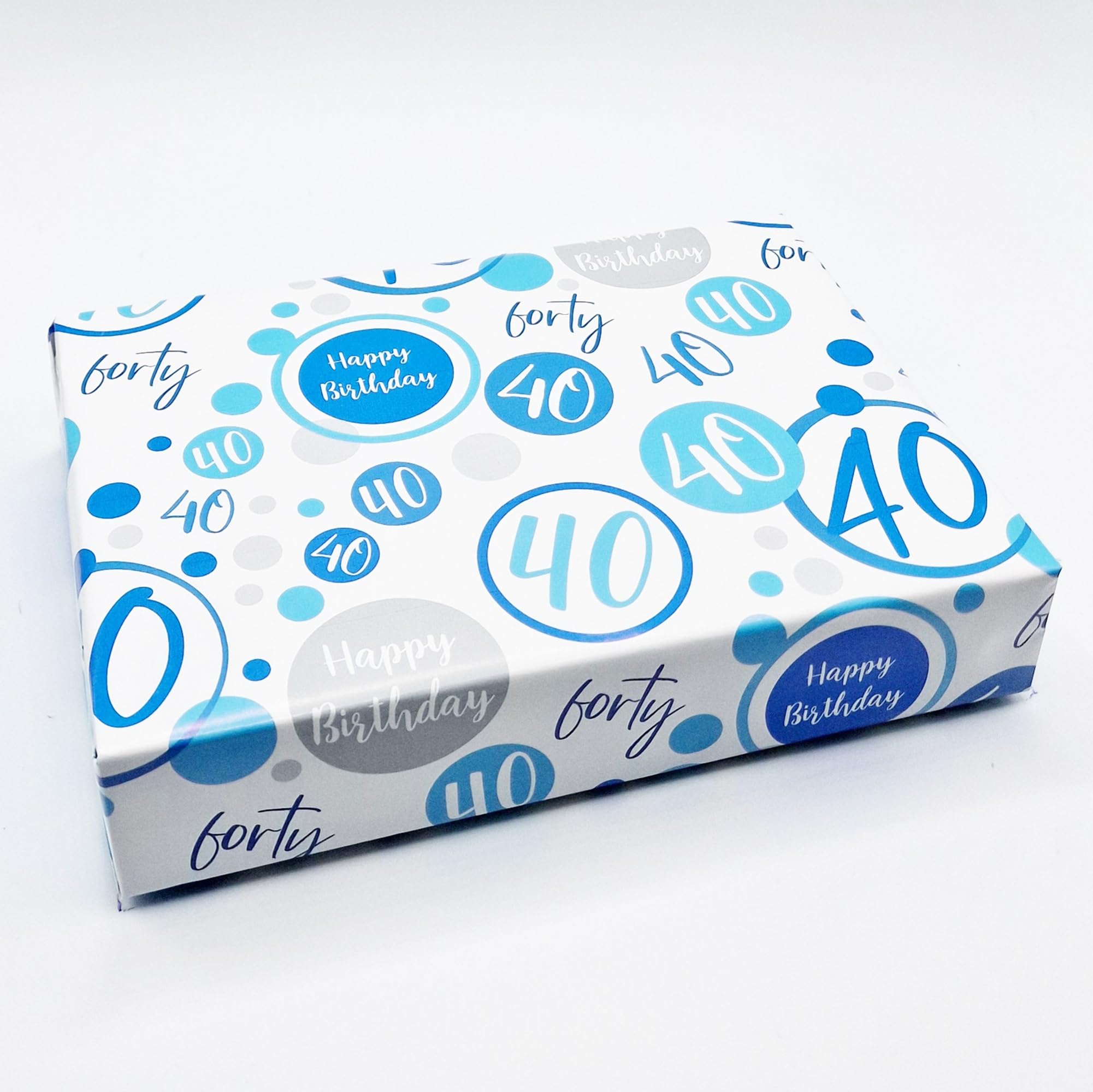 4 Sheets + 4 Matching Gift Tags 40th Birthday Wrapping Paper Age 40 Birthday Blue White Gift wrap Male (PA)