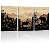Wild Animal Canvas Wall Art Rustic Cabin Decor Bear Elk Moose Wall Pictures Forest Landscape Hunting Theme Painting Framed Farmhouse Decor 12"x16"x3