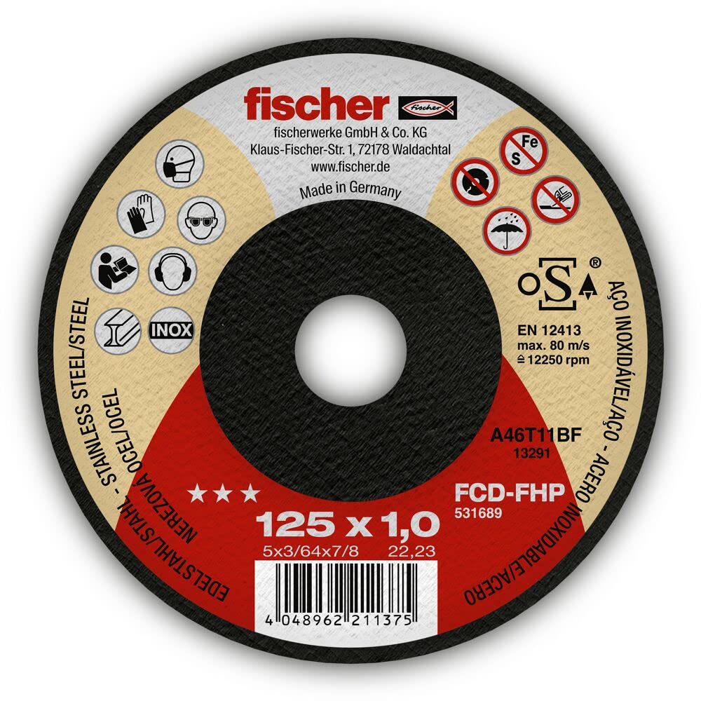 fischer Set of 25 FHP Flat Cutting Disc for Steel and Stainless Steel Application 1.0/125mm Bore Diameter 22.23mm