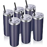 VEGOND Stainless Steel Tumblers Bulk 6 Pack, 20 oz Vacuum Insulated Skinny Tumblers with Lid and Straw, Double Wall Coffee Mug, Travel Water Cup, Navy Blue