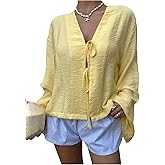 Floerns Women's Cute V Neck Blouse Top Bell Sleeve Tie Front Loose Fit Going Out Tops