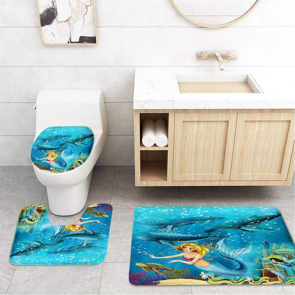 Bathroom Toilet Mats lid Sets Rugs 3-Piece,cartoon ocean mermaid underwater kingdom Lovely interesting childlike pictures underwater world Ornate Shark beautiful Elegant Mermaid Princess Gorgeous Cast