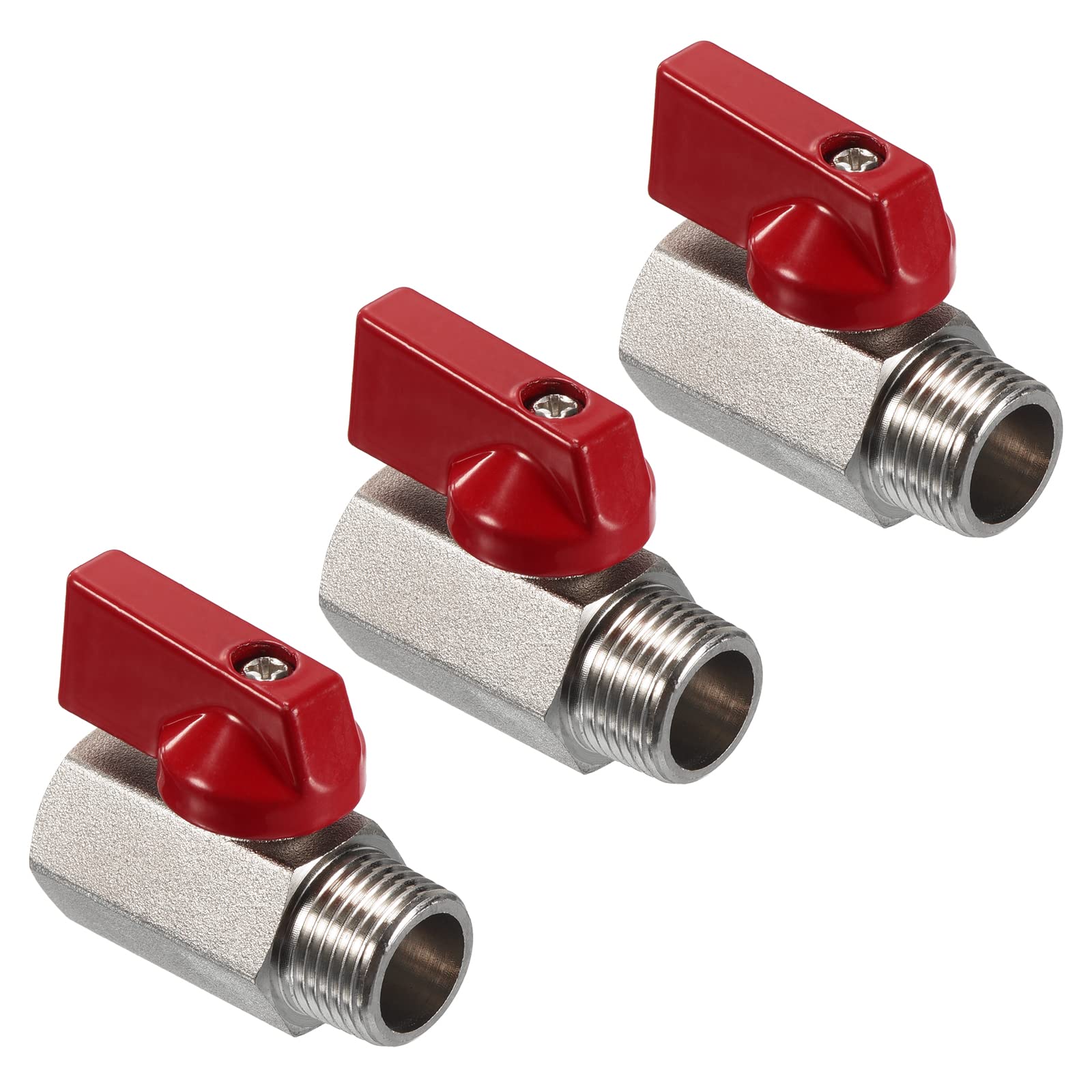 PATIKIL 3/8 NPT Brass Mini Ball Valve, 3 Pack NPT Female to Male Shut-Off Valve for Pipe Coupler Connector, Red