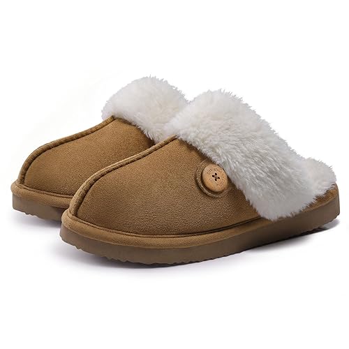 Litfun Fuzzy Slippers for Women with Memory Foam Winter Fluffy House Shoes Indoor Outdoor, Khaki Women Size 8-8.5