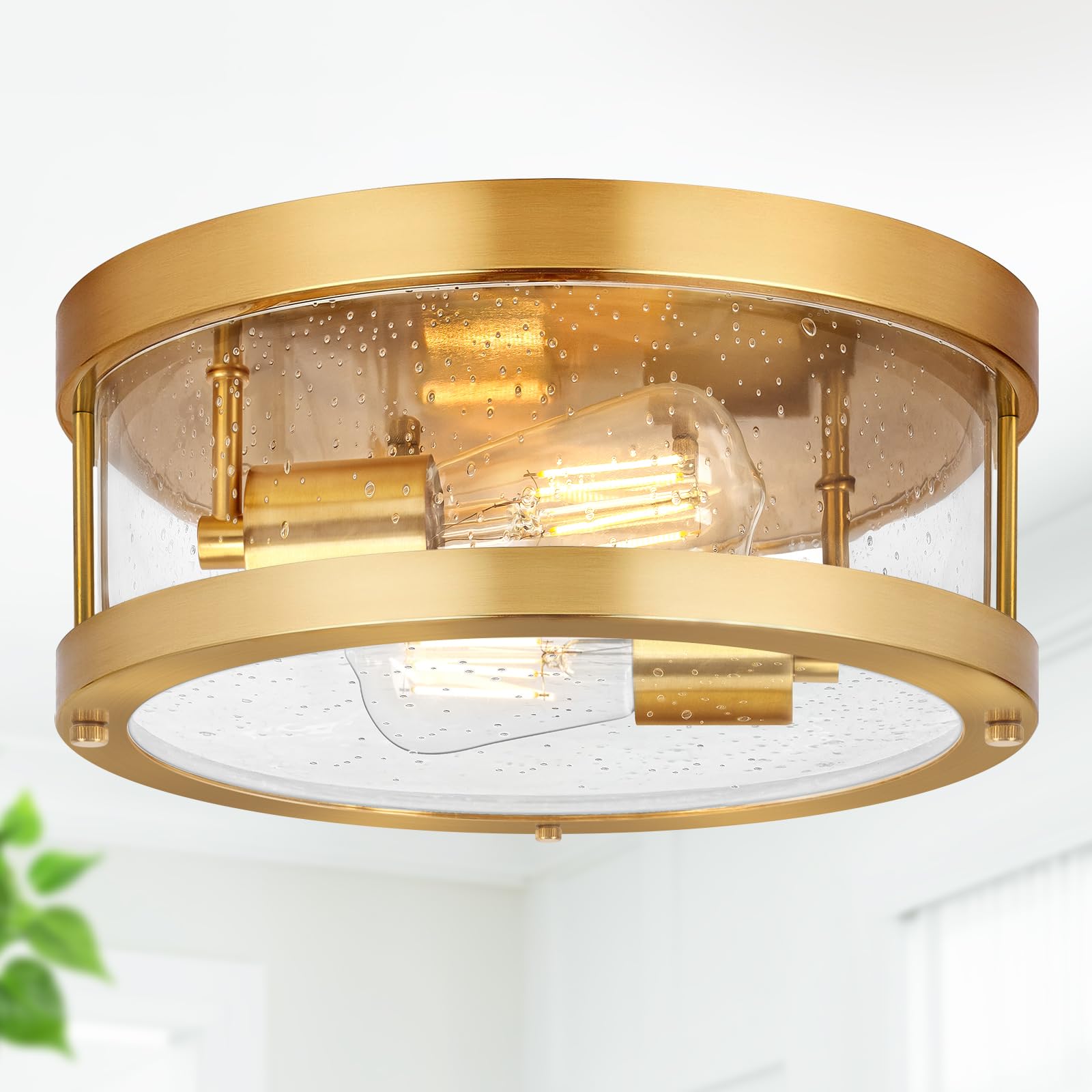 Photo 1 of 2-Light Gold Close to Ceiling Light Fixture, Farmhouse Light Fixture with Seeded Glass Lampshade, Industrial Flush Mount Ceiling Lighting for Kitchen, Hallway, Foyer, Entryway(Bulb Not Included)