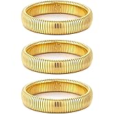 JUNYANGY Gold Bangles for Women Set of 3 Chunky Stretch Bangles Bracelets 24K Gold Plated Stainless Steel Bracelets Flexible Wide Stack Bracelets Designer Look Alike Jewelry for Women