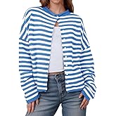 Famnbro Women Striped Cardigan Long Sleeve Open Front Button Down Loose Casual Soft Knit Lightweight Fall Sweaters