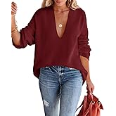 Imily Bela Womens Oversized Deep V Neck Sweaters Sexy Long Sleeve Tunic Sweater Knitted Dressy Pullover Jumper