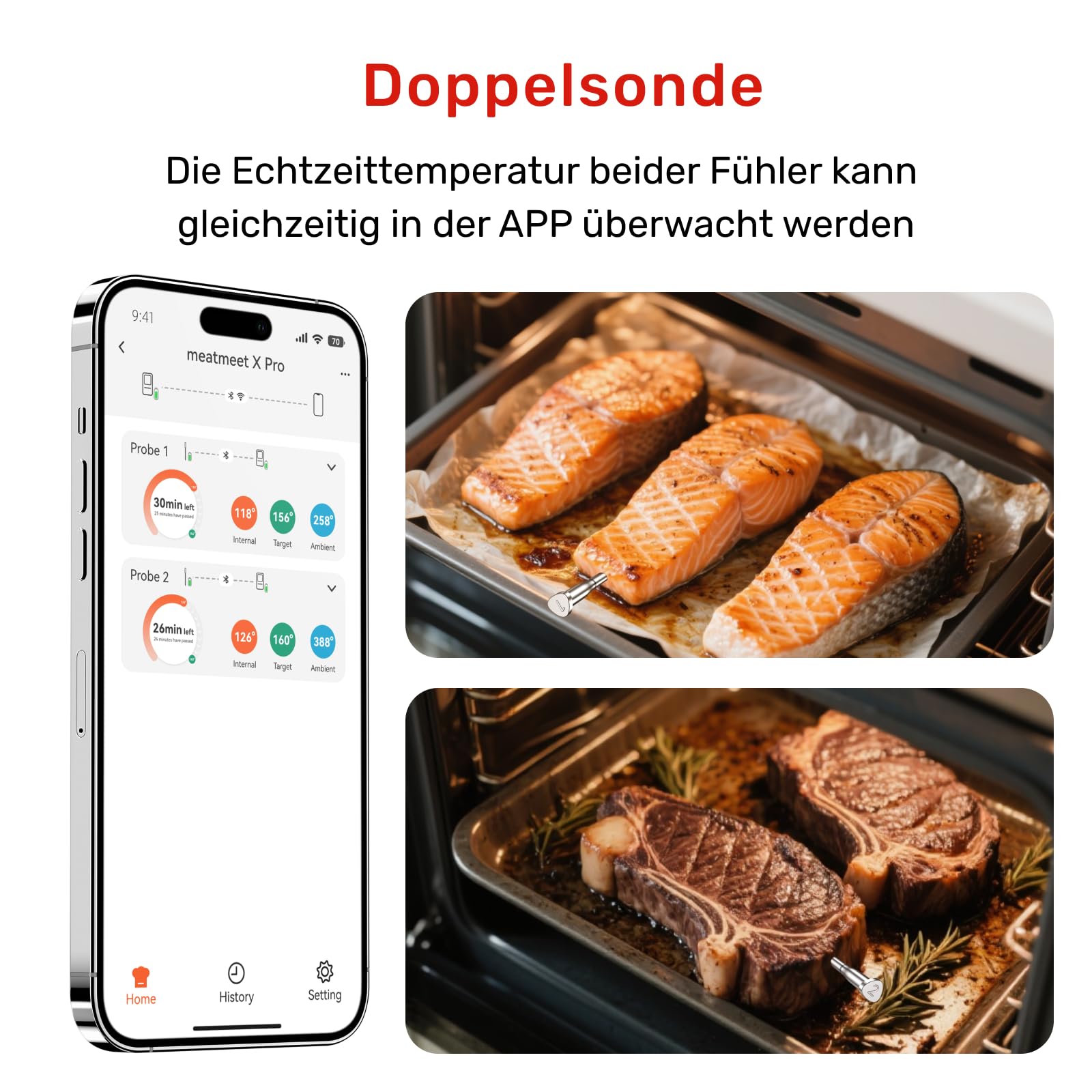 Meatmeet Fleischthermometer kabellos mit Bluetooth & WLAN, 2 Sonden 6 Sensoren, Einteiliges Edelstahldesign, IP69 Wasserdicht, 582°C Hitzebeständigkeit, Grill Ofen Küche Heißluftfritteuse (X Pro) 5
