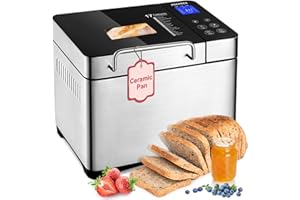 KEEPEEZ 17-IN-1 All Stainless Steel Bread Maker, 2LB Bread Machine BPA-Free Non-Stick 5-Layer Superior Die-Cast Ceramic Pan, Auto Fruit Nut Dispenser, 2 Paddles & Full Touch Panel,15H Timer&Keep Warm, Recipes