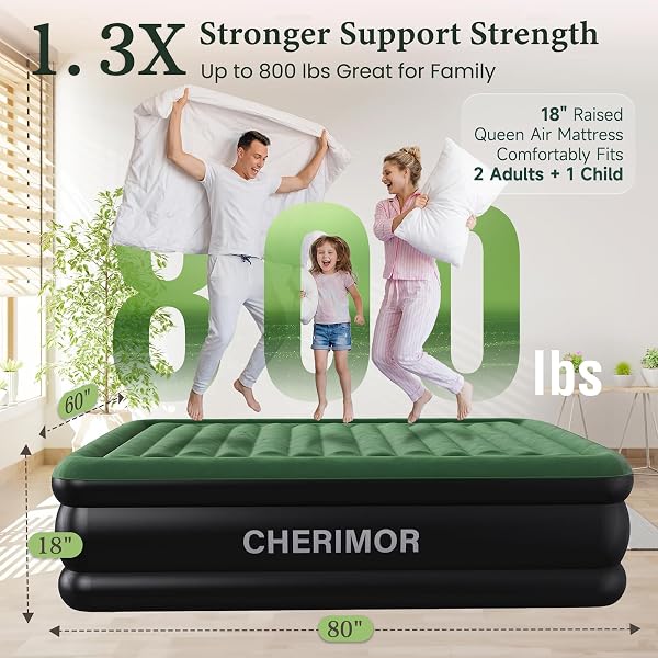 CHERIMOR QUEEN AIR MATTRESS WITH BUILT-IN PUMP, 18″ RAISED COMFORT, 800LBS HEAVY-DUTY SUPPORT, ANTI-SAG HORIZONTAL BEAM, LEAK-RESISTANT DESIGN, 3-MIN FAST INFLATION BLOW UP BED FOR GUESTS & CAMPING