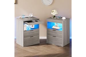 Tiptiper LED Nightstand Set of 2, Gray Nightstand with Wireless Charging Station, Night Stand with Drawers & Pull-Out Shelf, Modern Bedside Table with Storage, End Table Side Table