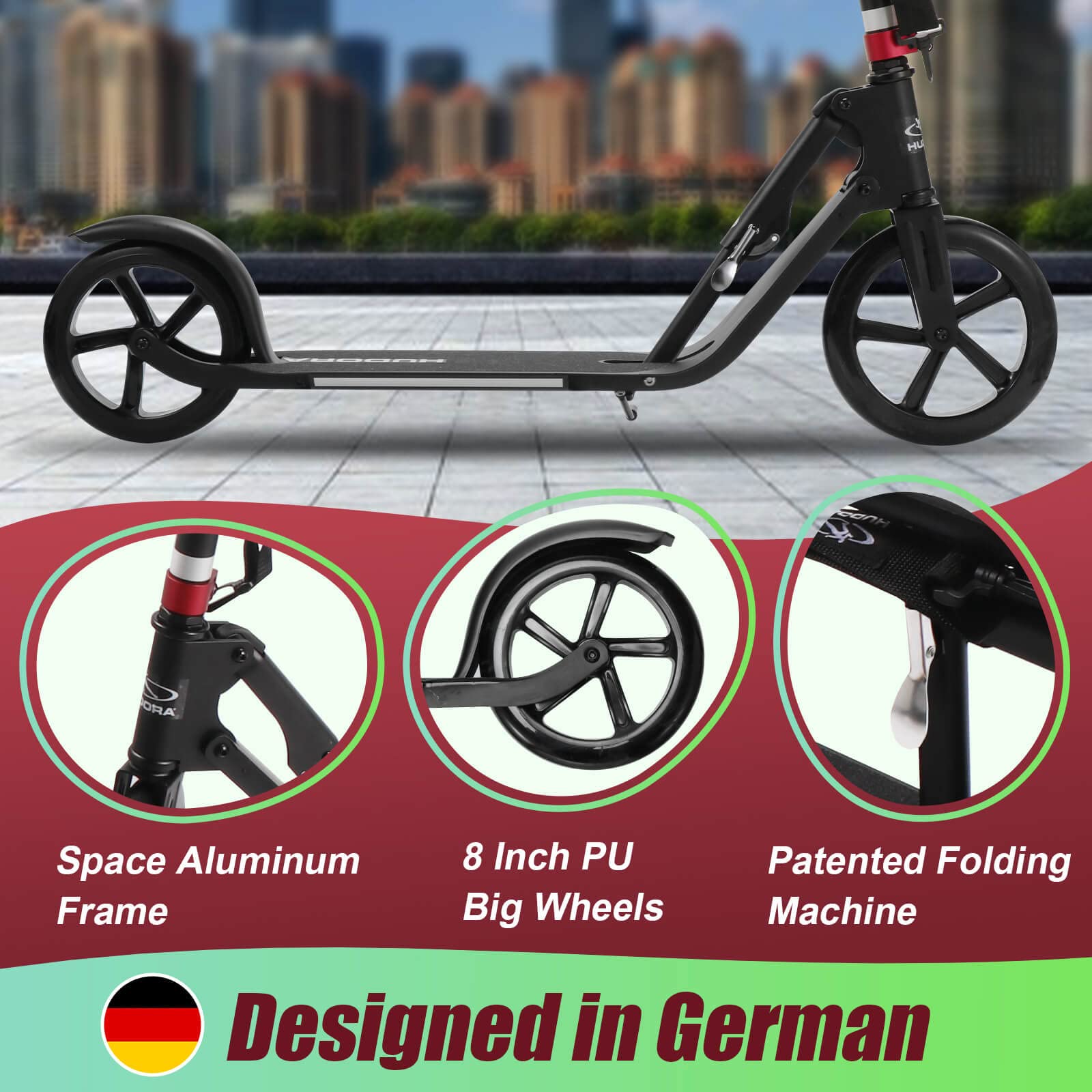 HUDORA BigWheel 209 Kick Scooter, The Original with RX Pro Technology, Folding City Scooter