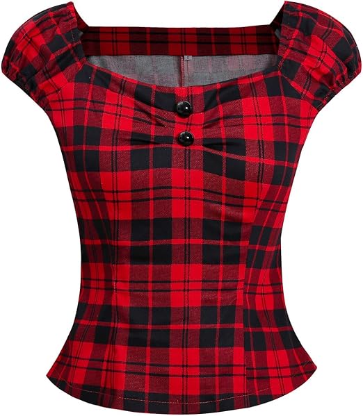 womens red plaid short sleeve shirt