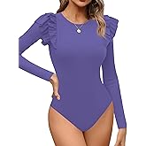Missufe Women's Crew Neck Ruffle Long Sleeve Bodysuit Ribbed Knit Fitted Basic T Shirt Tops