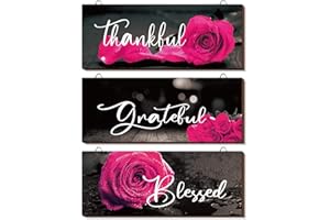 Hillban 3 Pieces Rose Wooden Wall Decor Thankful Grateful Blessed Wooden Signs Inspirational Wall Art Signs Wedding Decor for Room Kitchen Bathroom(10 x 4 Inch,Dark Pink)